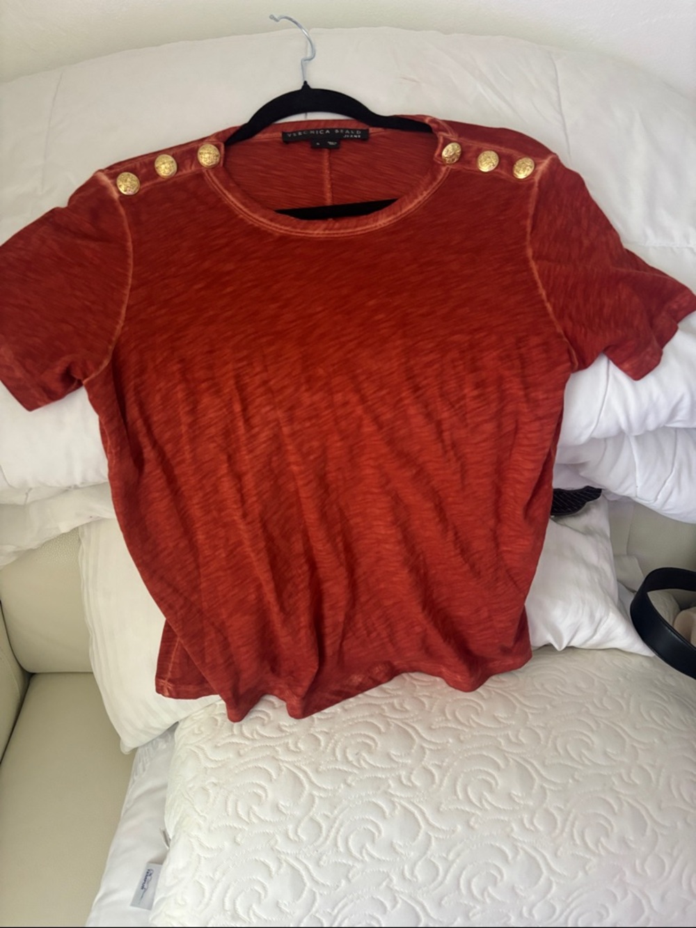 Veronica Beard Rust Short Sleeve Tee with Gold Shoulder Buttons